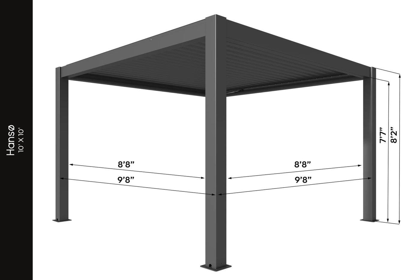 13x13 aluminum pergola with labeled dimensions showing width, depth, and height measurements