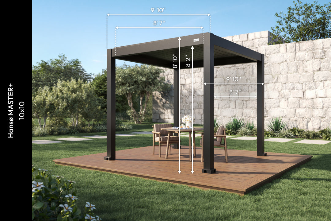 10x10 aluminum pergola with labeled dimensions installed over an outdoor dining area