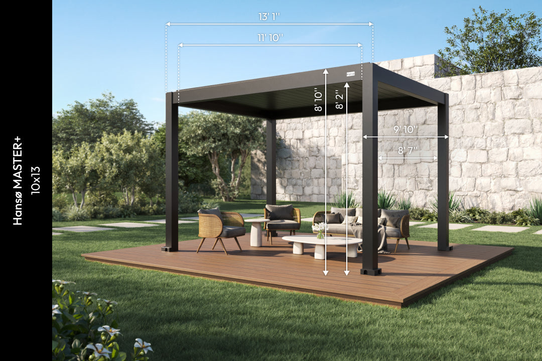 10x13 aluminum pergola with labeled dimensions installed over an outdoor dining area