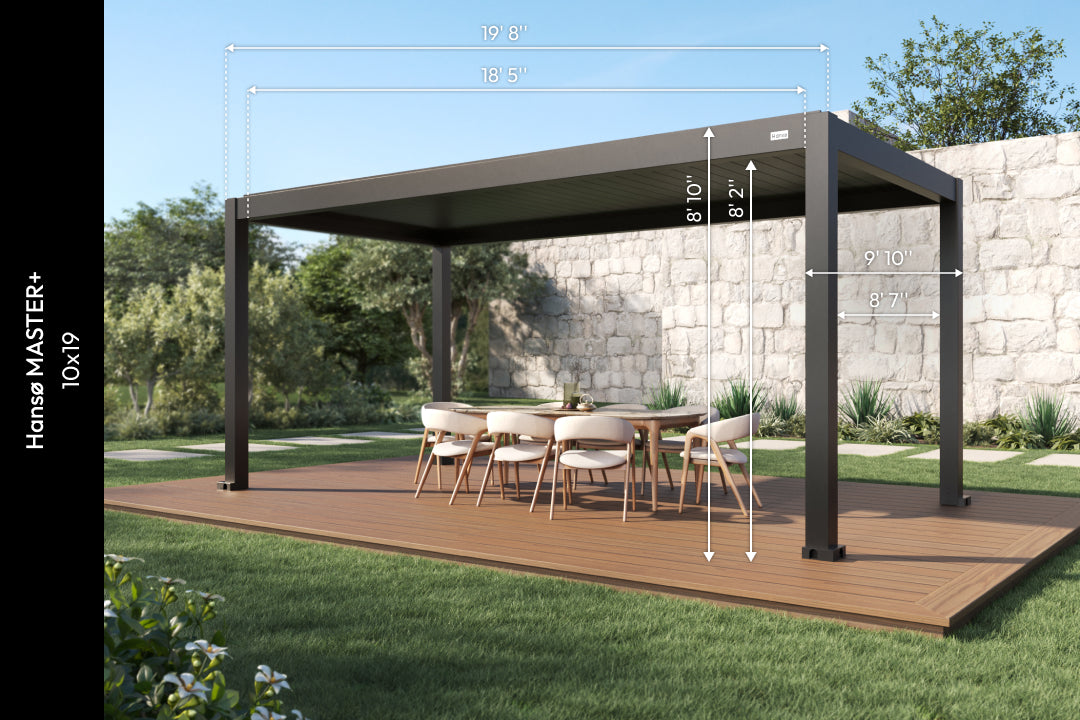 10x19 aluminum pergola with labeled dimensions installed over an outdoor dining area