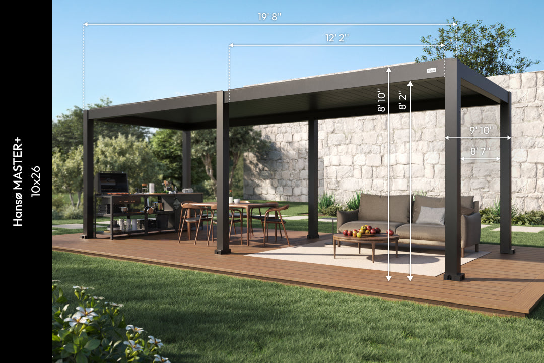10x26 aluminum pergola with labeled dimensions installed over an outdoor dining area