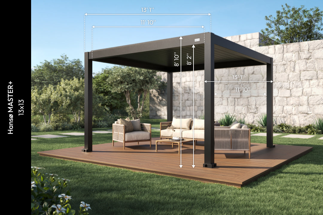 13x13 aluminum pergola with labeled dimensions installed over an outdoor dining area