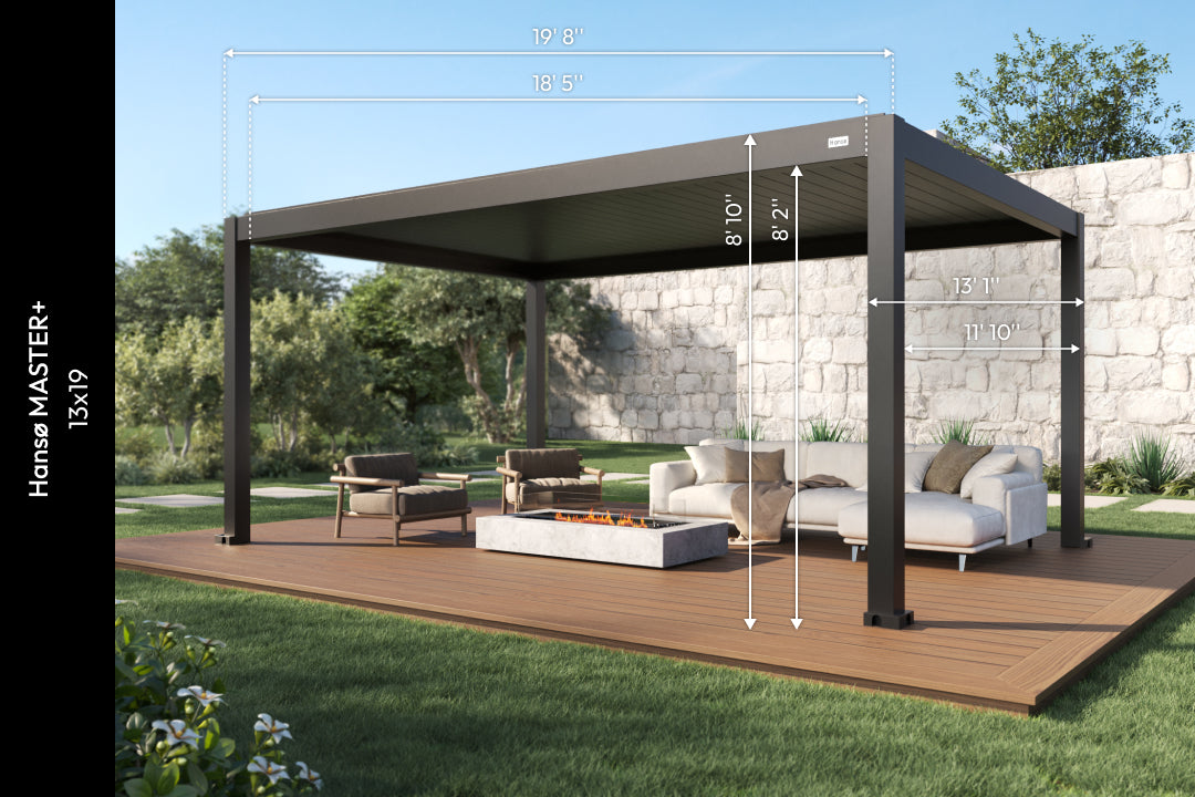 13x19 aluminum pergola with labeled dimensions installed over an outdoor dining area