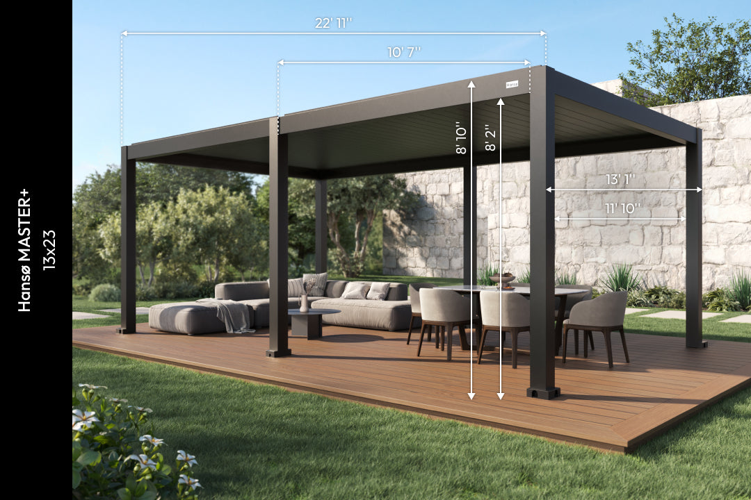 13x23 aluminum pergola with labeled dimensions installed over an outdoor dining area