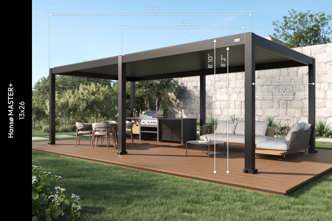 13x26 aluminum pergola with labeled dimensions installed over an outdoor dining area