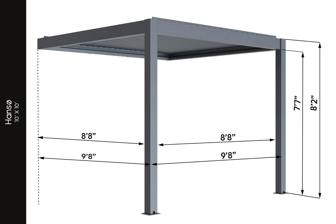 10x10 aluminum pergola with labeled dimensions showing width, depth, and height measurements