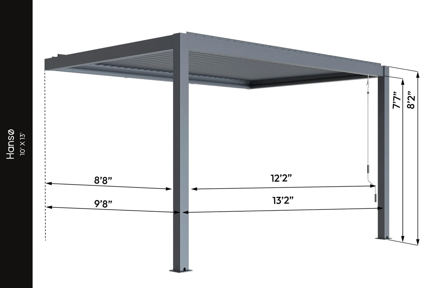 10x13 aluminum pergola with labeled dimensions showing width, depth, and height measurements