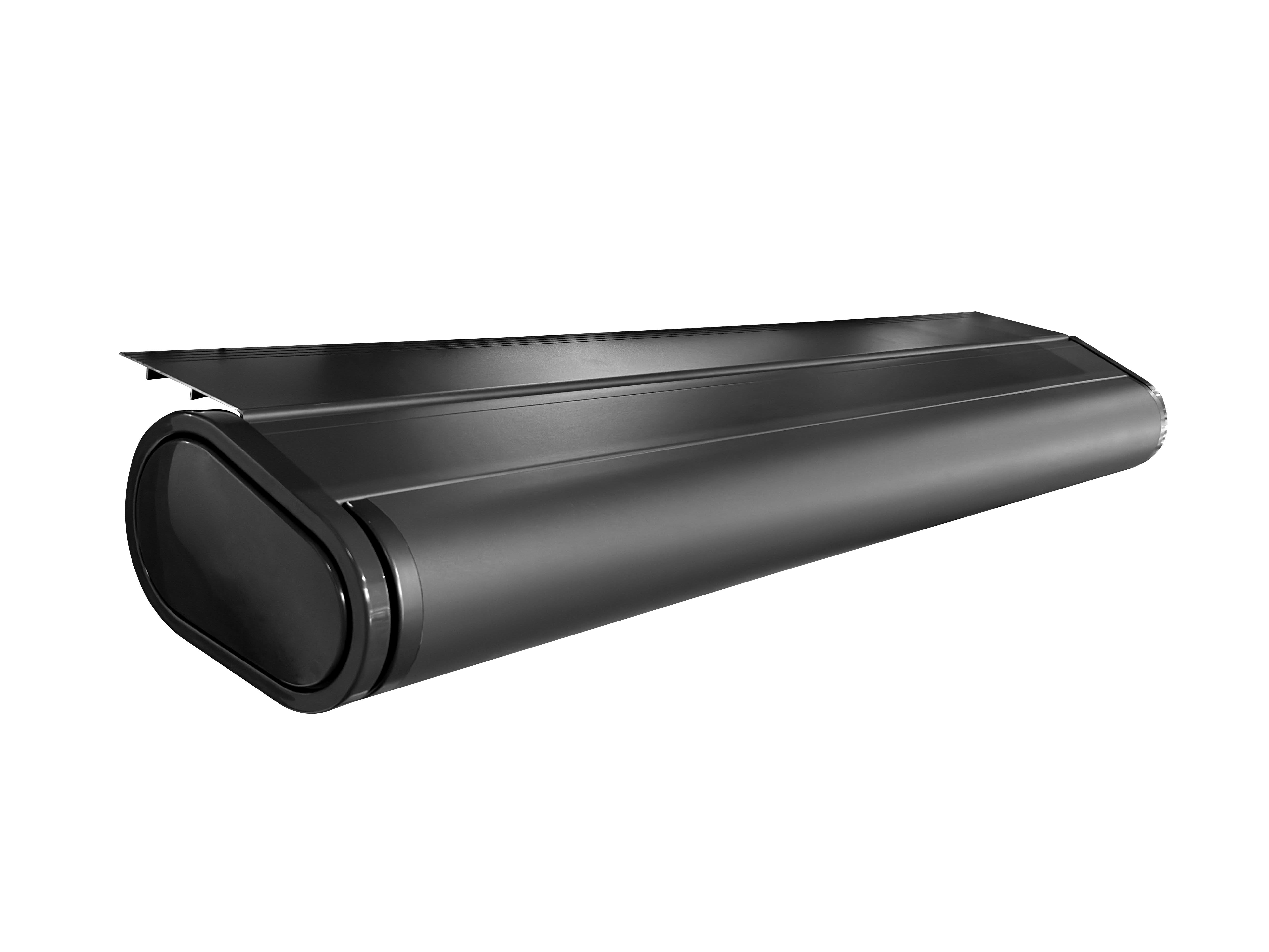 Product rendering of a black aluminum pergola retractable awning roller on white background