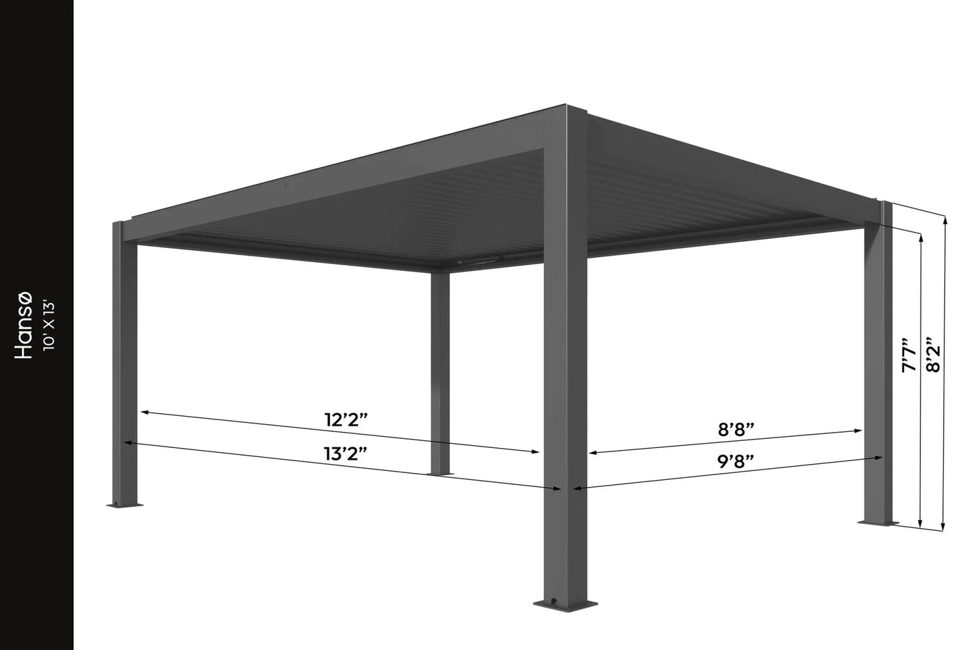 10x13 aluminum pergola with labeled dimensions showing width, depth, and height measurements