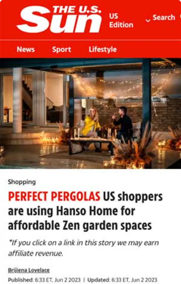 The U.S. Sun article highlighting Hanso Home pergolas for creating affordable backyard garden spaces