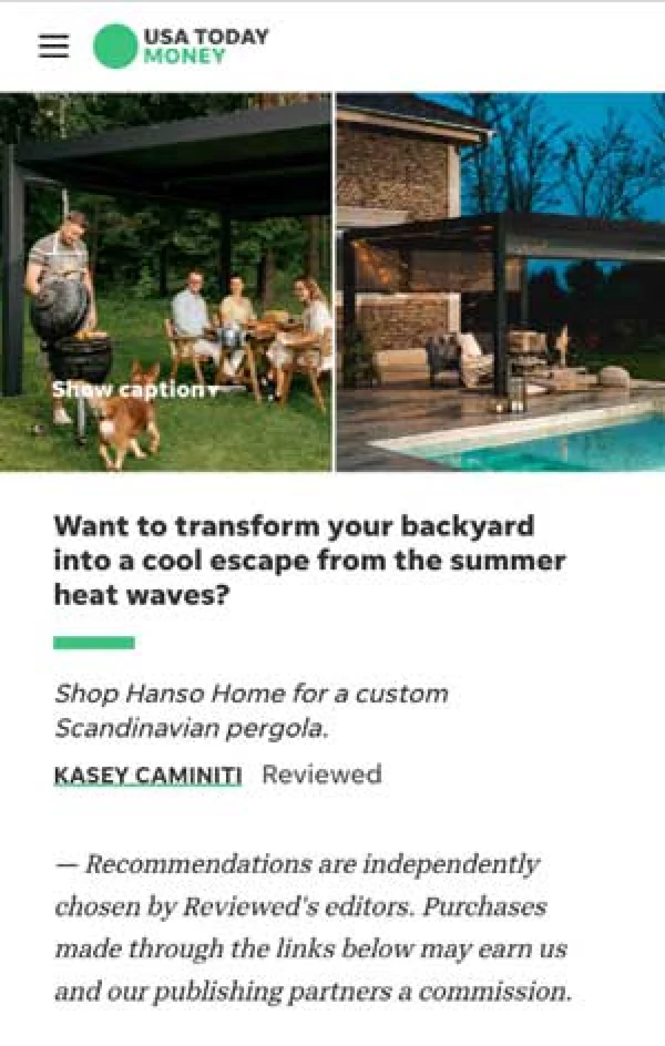 USA Today Money article recommending Hanso Home pergolas for transforming backyard outdoor living spaces