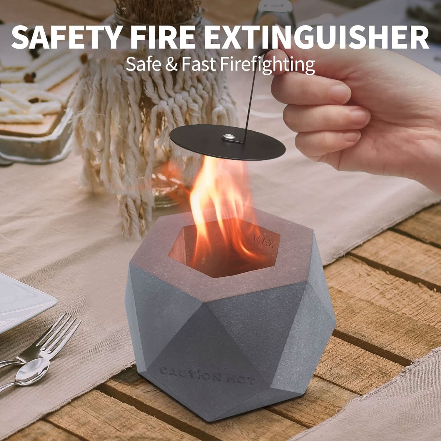 Portable tabletop mini fireplace with safety fire extinguisher lid for quickly extinguishing the flame