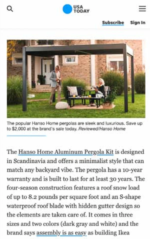 USA Today article featuring Hanso Home aluminum pergola installed in modern backyard patio setting