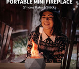 Portable mini tabletop fireplace used for roasting marshmallows and making s’mores outdoors