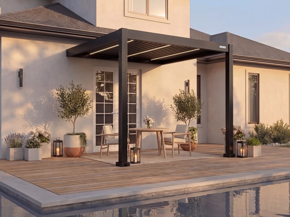 Hansø Apex Pergola - 10' x 10' - Matte Black - Wall Mounted