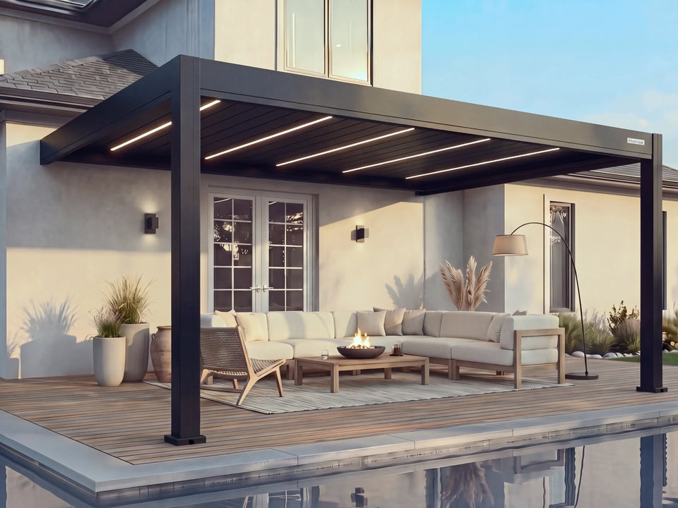 Hansø Apex Pergola - 12' x 16' - Matte Black - Wall Mounted