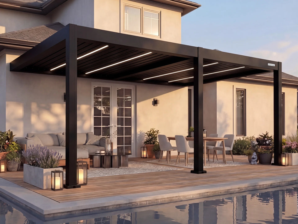 Hansø Apex Pergola - 13' x 23' - Matte Black - Wall Mounted