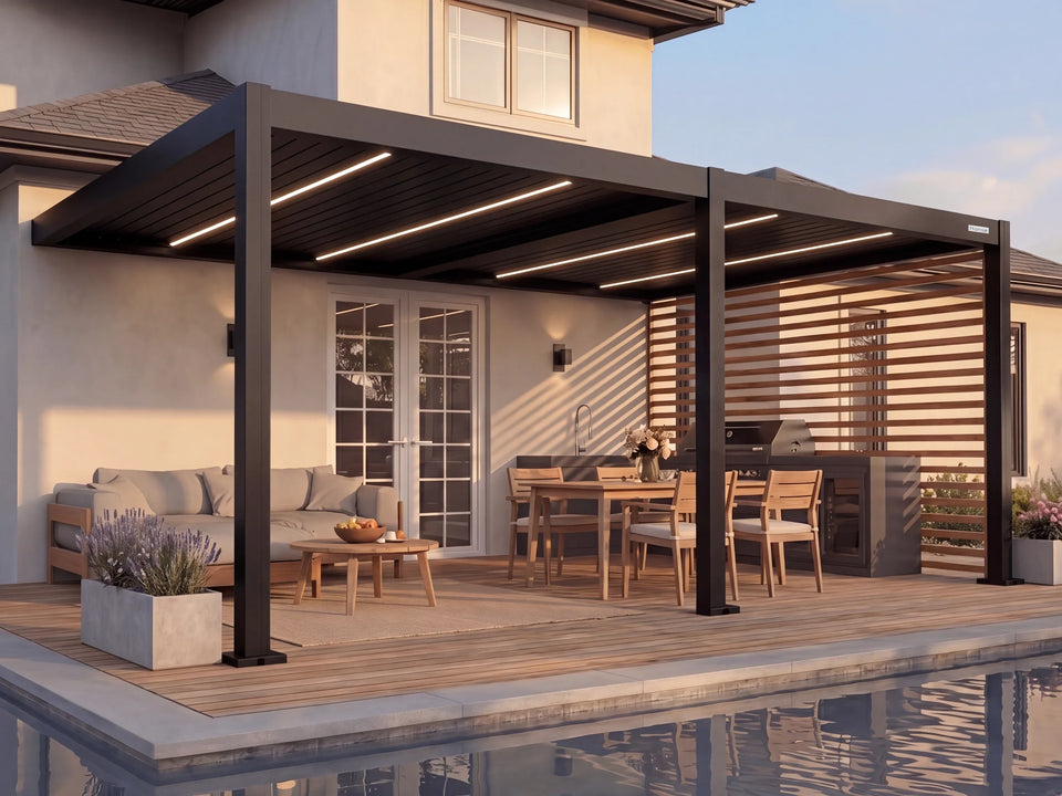 Hansø Apex Pergola - 13' x 26' - Matte Black - Wall Mounted
