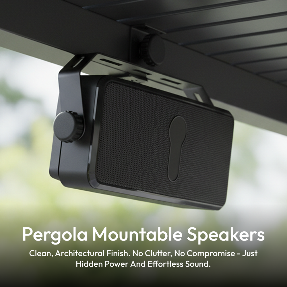 Outdoor pergola mountable speaker installed under aluminum pergola frame