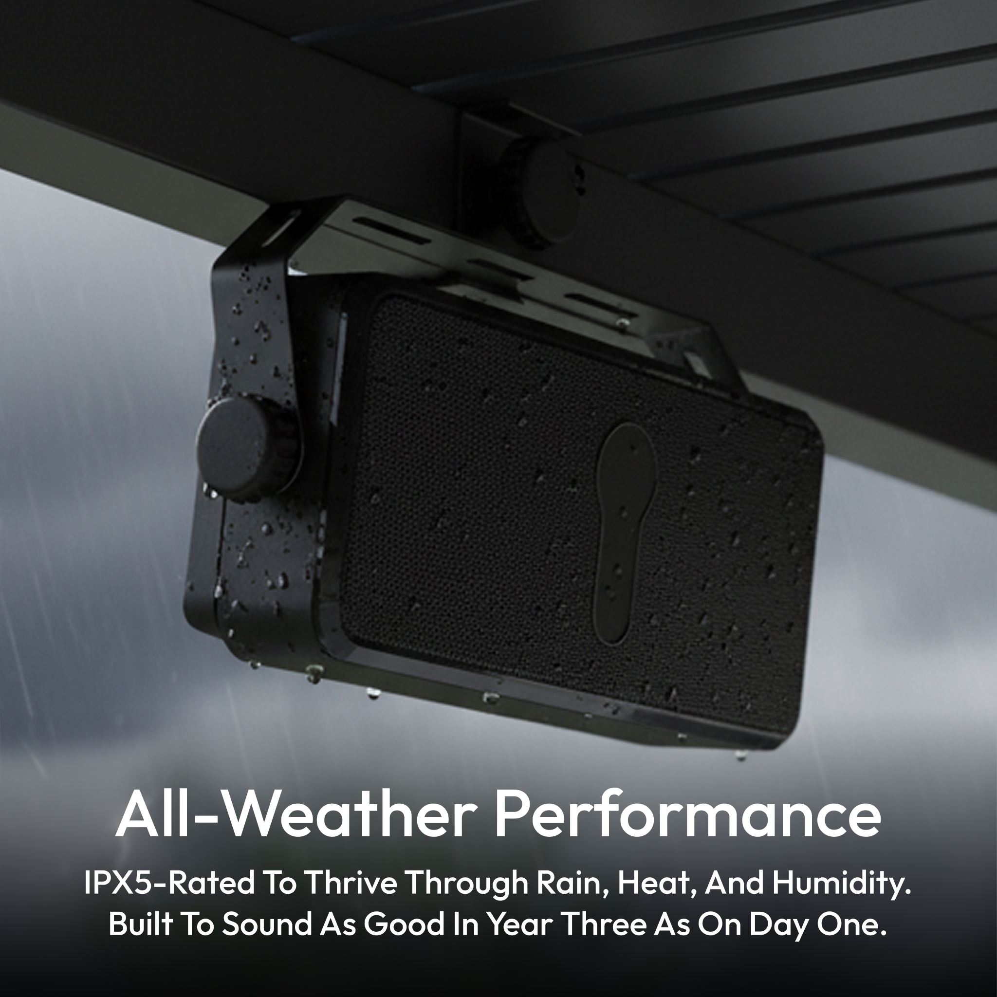 Outdoor pergola-mounted waterproof speaker with IPX5 rating designed for all-weather performance in rain and humidity