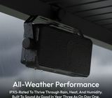 Outdoor pergola-mounted waterproof speaker with IPX5 rating designed for all-weather performance in rain and humidity