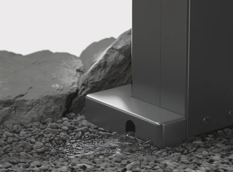 Flows invisibly through the structural posts and exits at the base. Smart engineering that keeps water away.