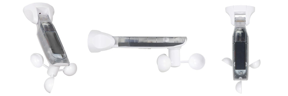 outdoor weather sensor with rotating wind cups shown from multiple angles