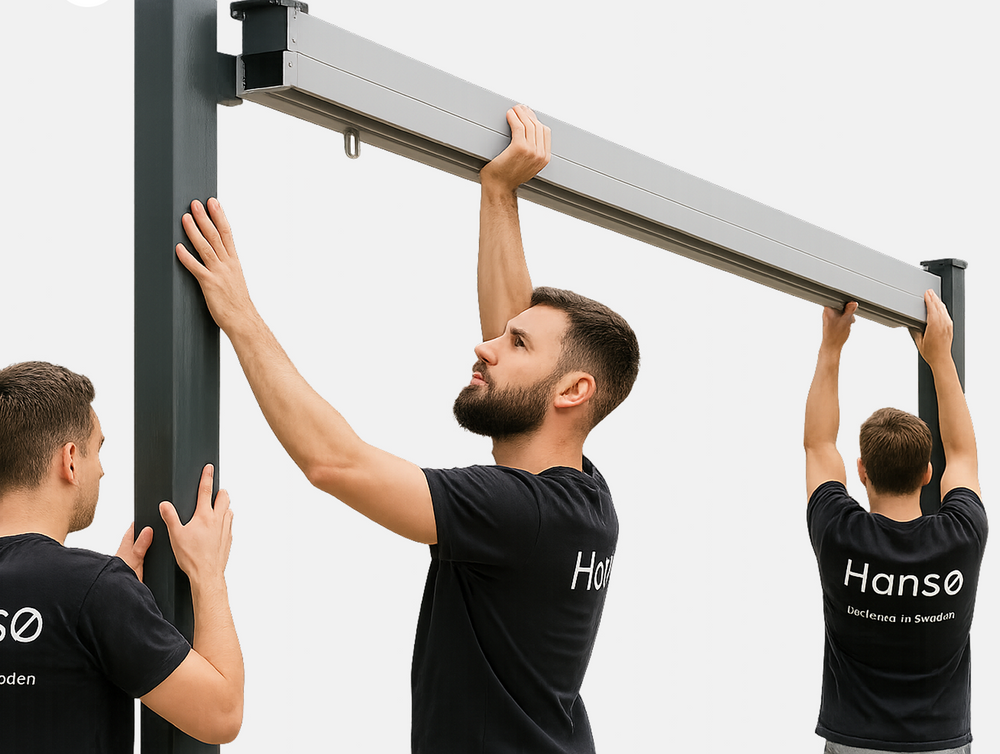 Workers assembling aluminum pergola frame by attaching horizontal beam to support posts